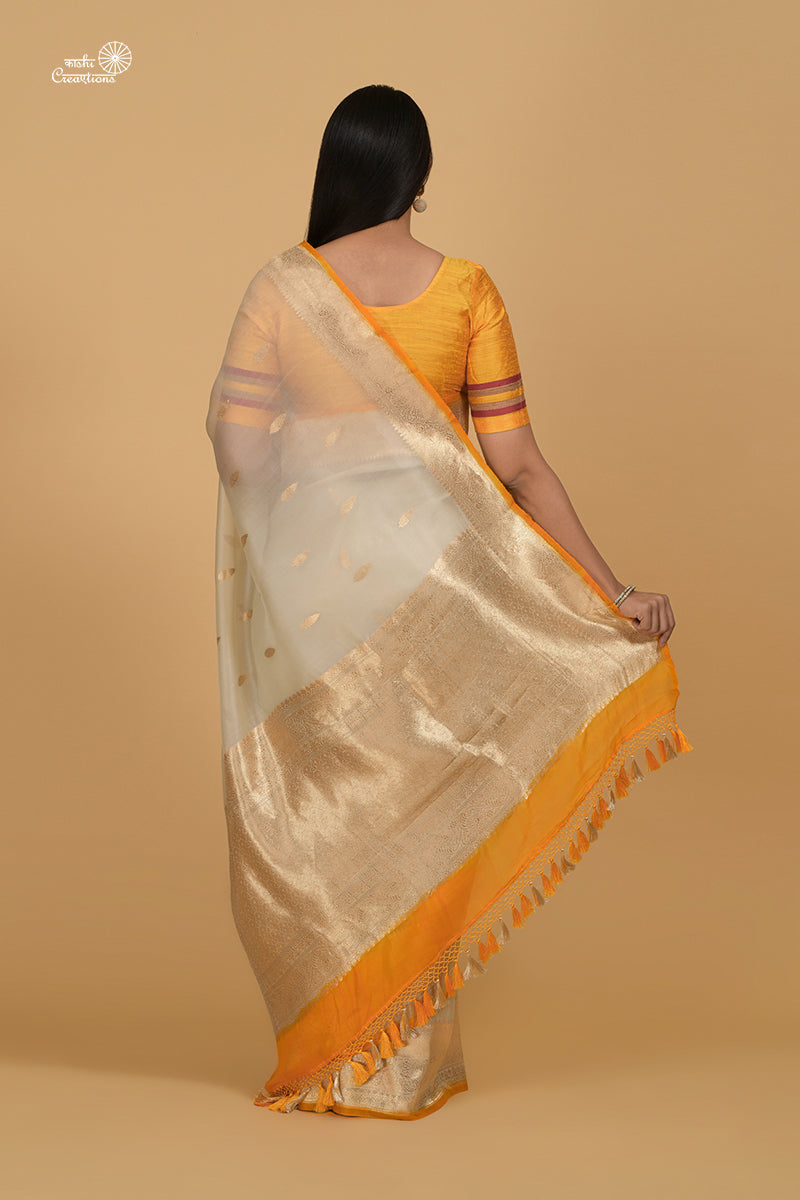 Off White and Mustard Yellow Shaded Pure Kora Silk Handwoven Banarasi Saree