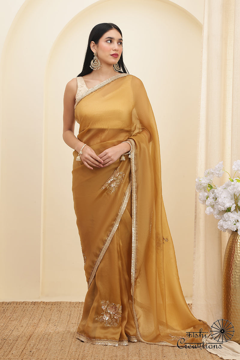 Walnut Brown Kora Silk Hand work Banarasi Saree