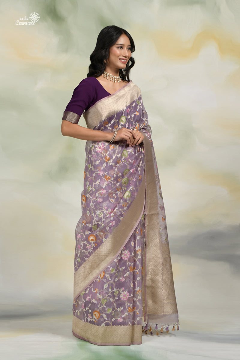 Lavender Pure Kora Silk Jamdani Handloom Banarasi Saree