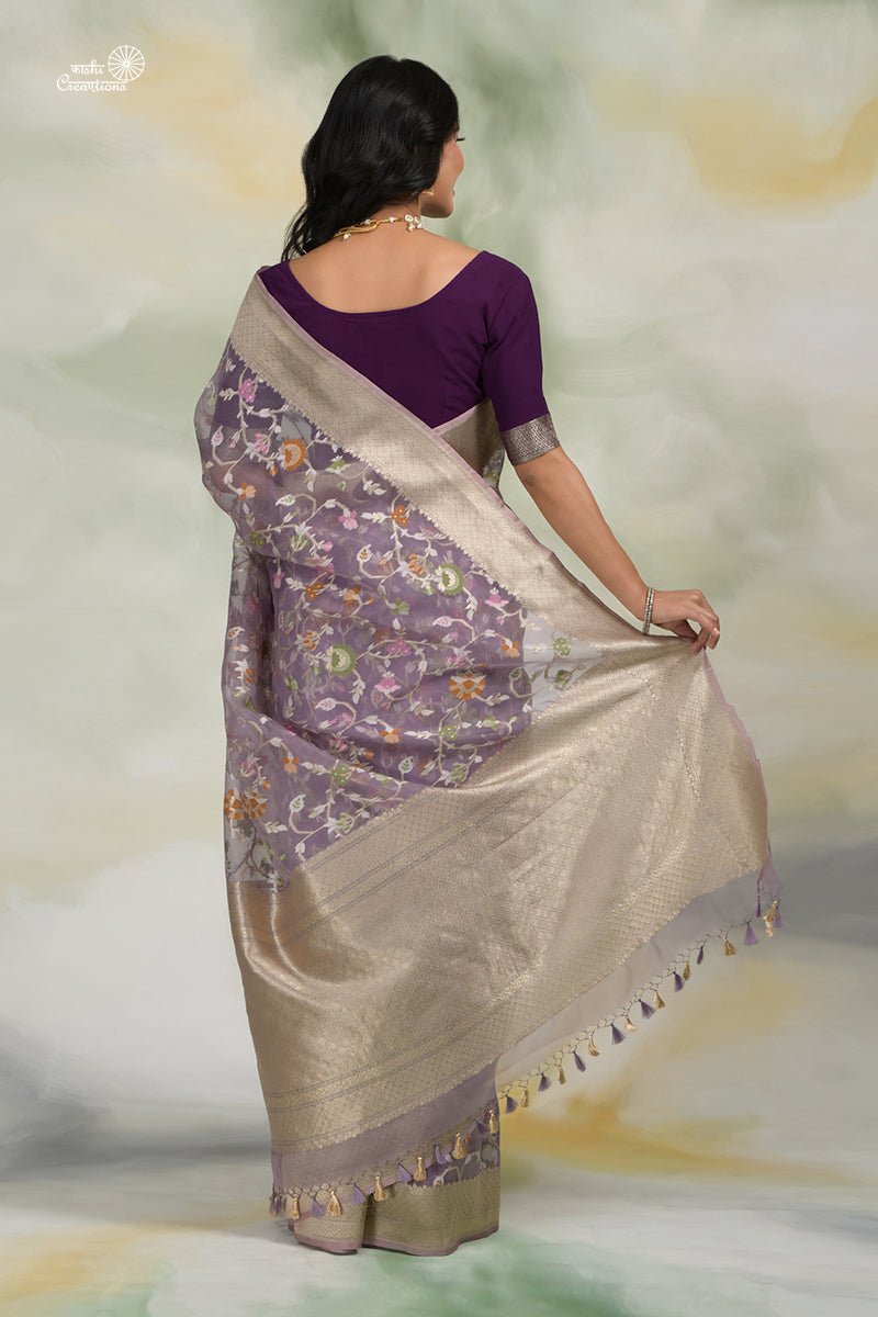 Lavender Pure Kora Silk Jamdani Handloom Banarasi Saree