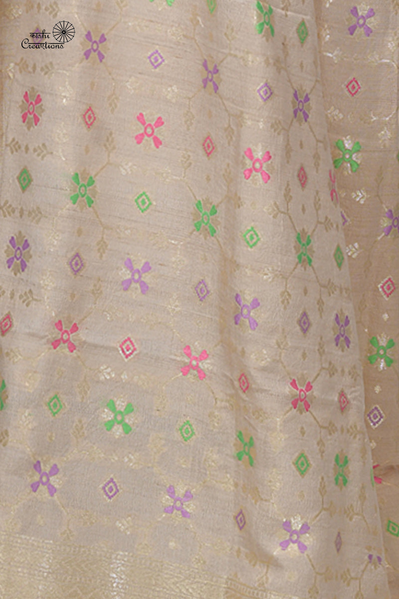 Ivory Color Pure Tussar Georgette Handloom Banarasi Dupatta with Meenakari