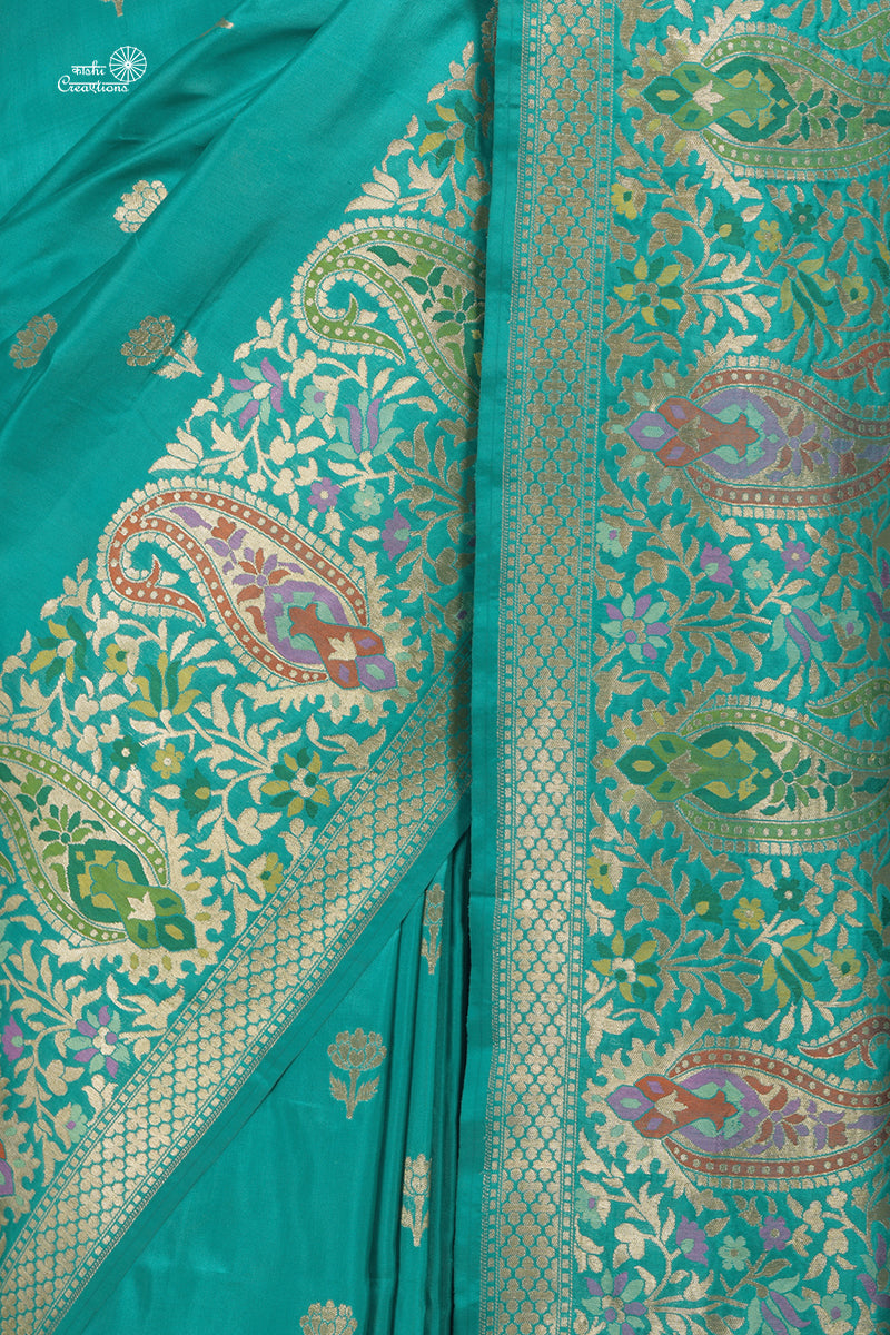 Vintage Aquamarine Pure Katan Silk Handloom Banarasi Paithani Saree with Meenakari