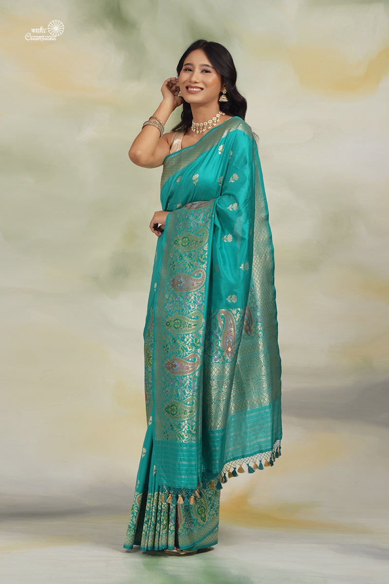Vintage Aquamarine Pure Katan Silk Handloom Banarasi Paithani Saree with Meenakari