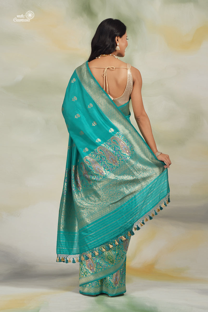 Vintage Aquamarine Pure Katan Silk Handloom Banarasi Paithani Saree with Meenakari