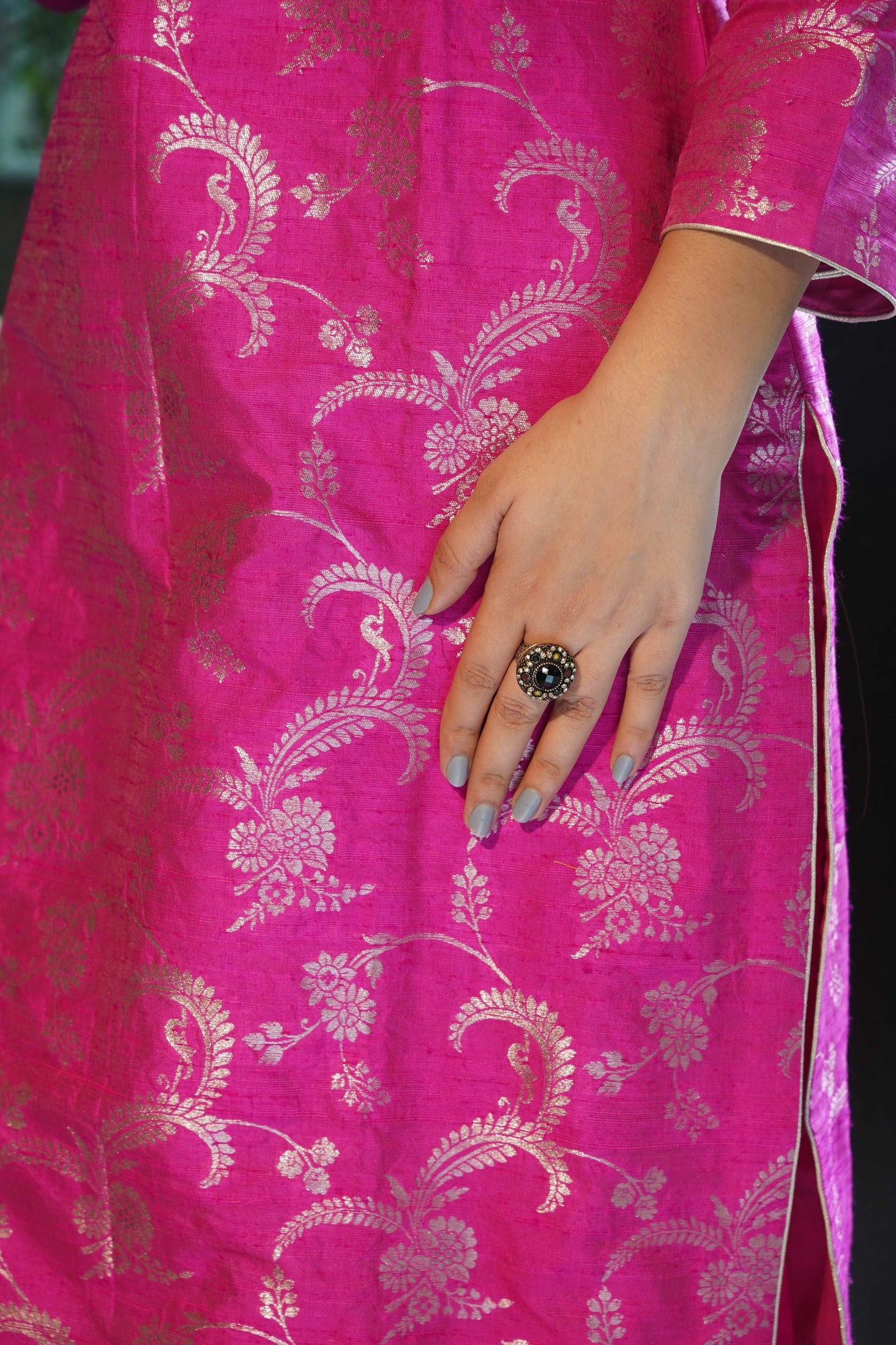 Hot Pink Pure Handwoven Raw Silk Stitched Kurta with golden Zari