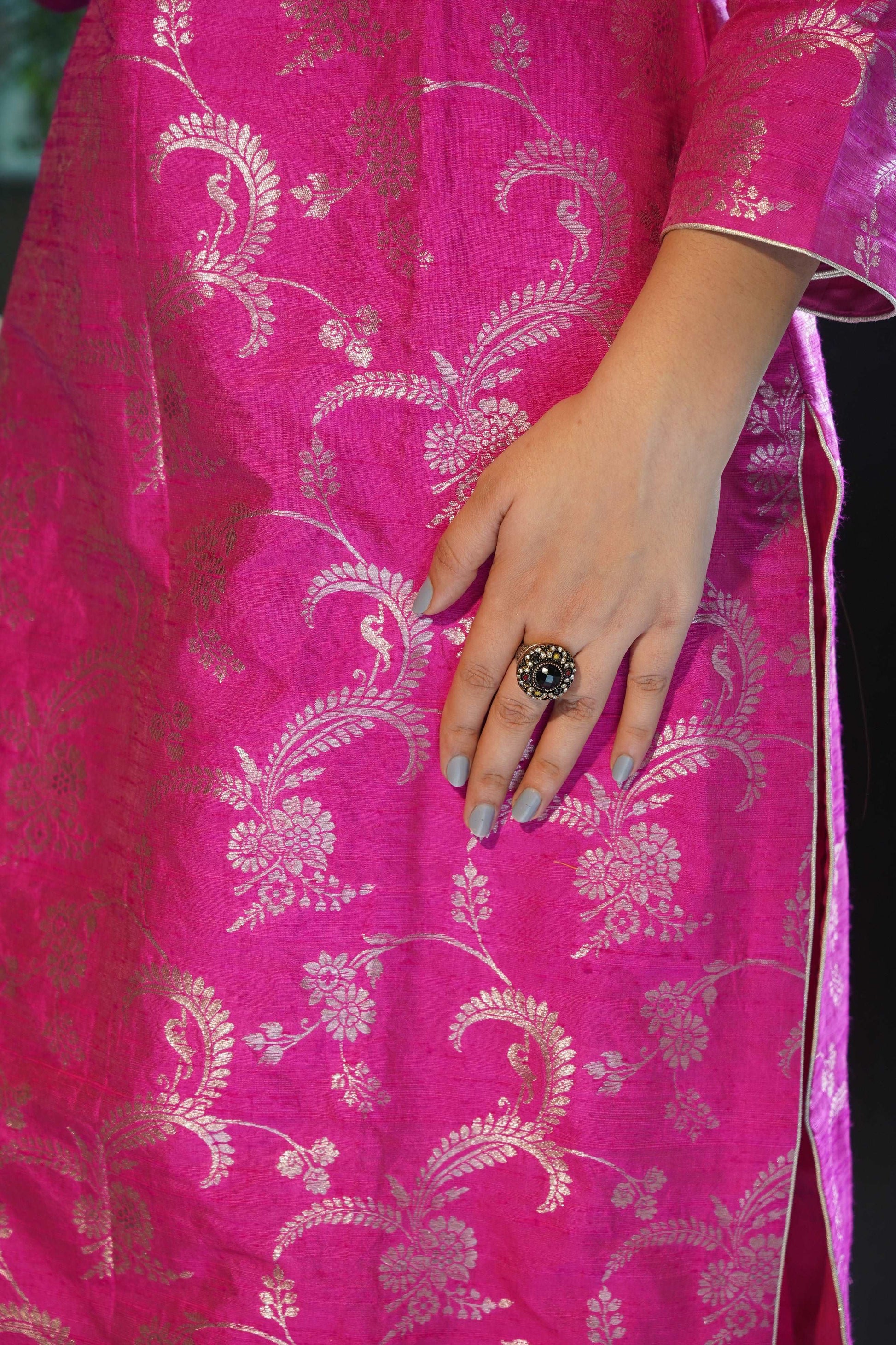 Hot Pink Pure Handwoven Raw Silk Stitched Kurta with golden Zari
