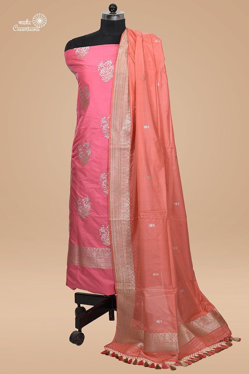 Rough Pink and Coral Peach Pure katan Silk Handloom Banarasi Suit