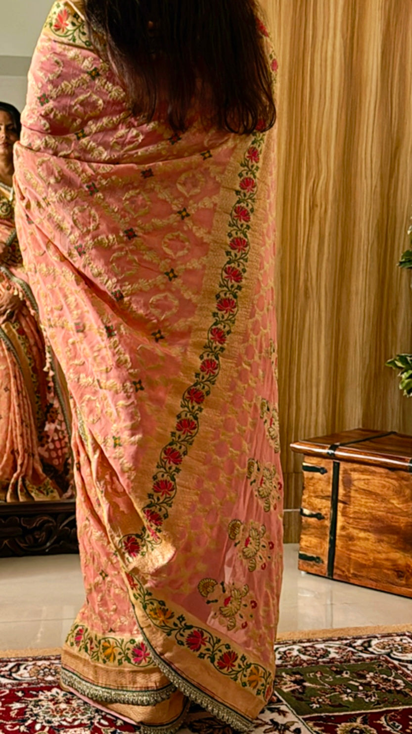Peach Pure Khaddi Georgette Handloom Banarasi Saree
