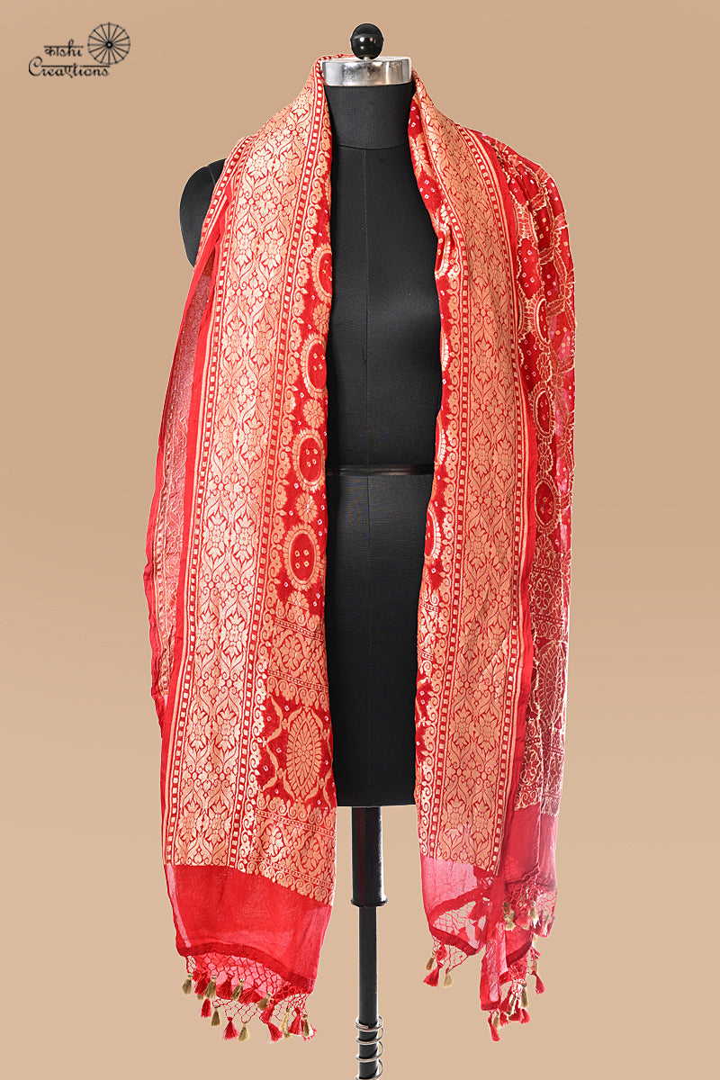 Red Pure Georgette Banarasi Bandhej Handwoven Dupatta