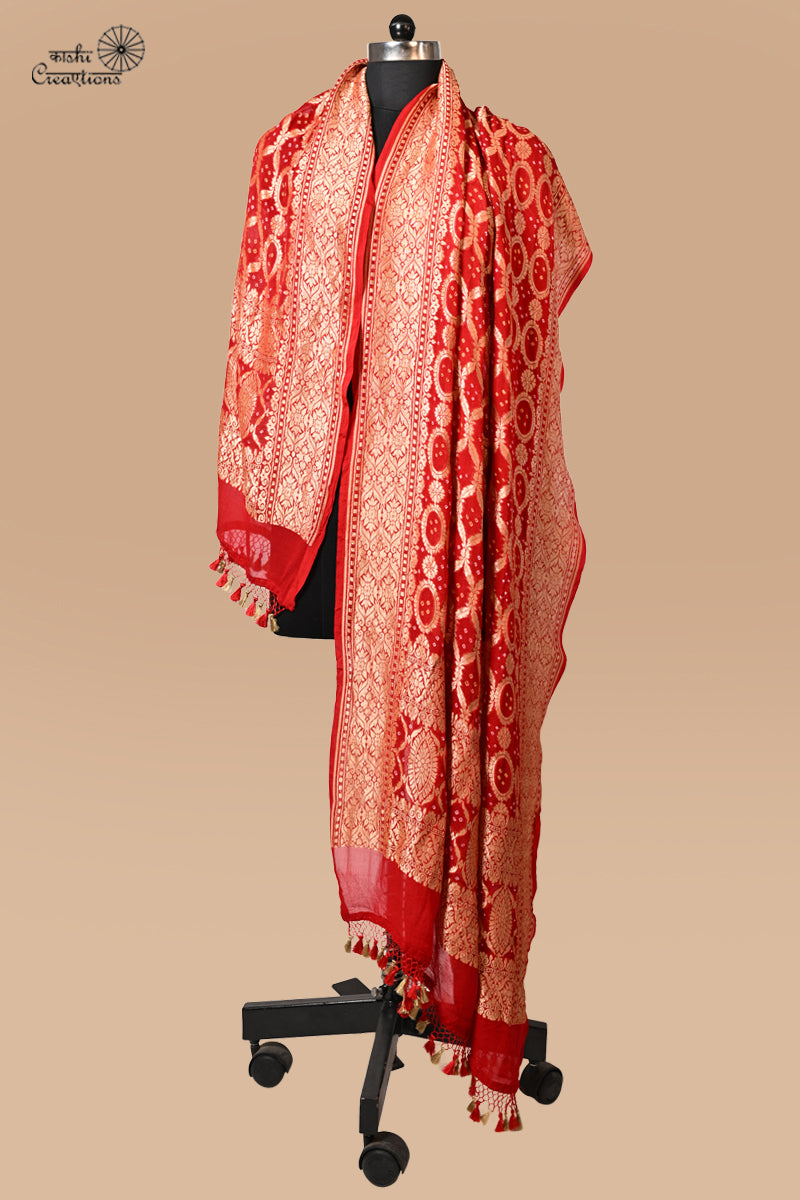Red Pure Georgette Banarasi Bandhej Handwoven Dupatta