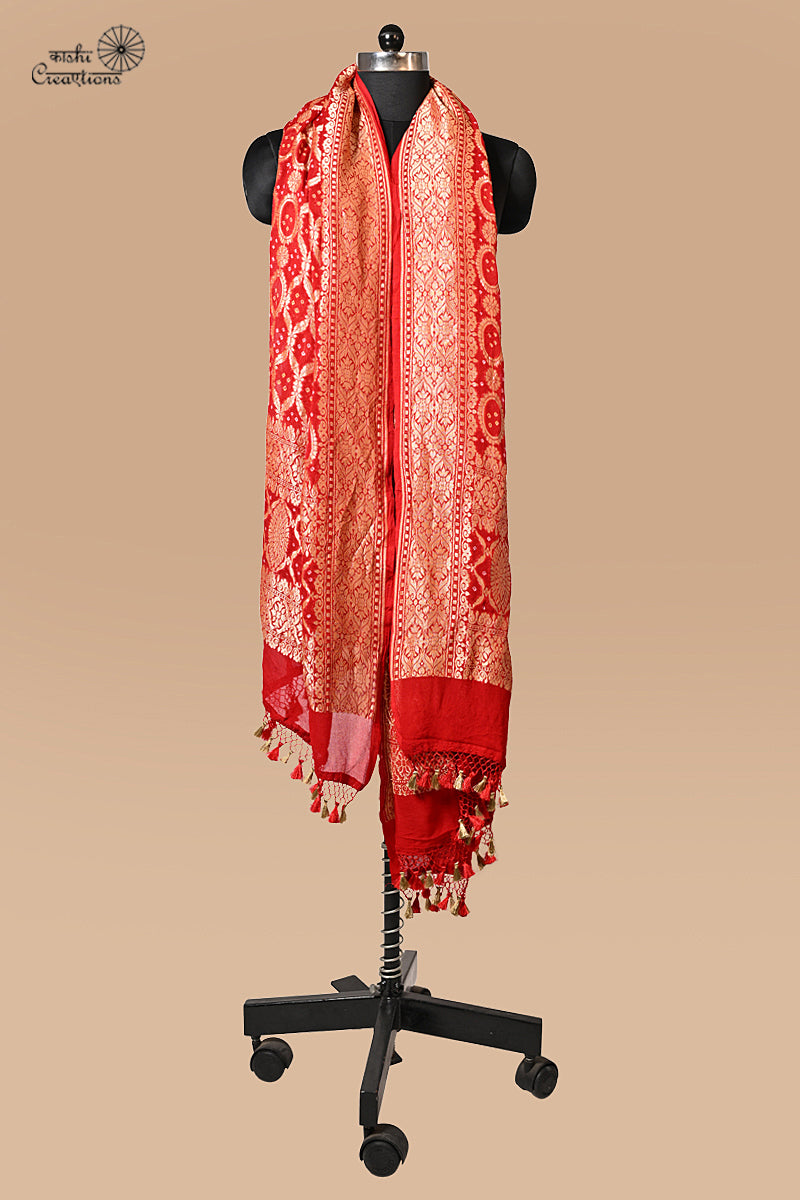 Red Pure Georgette Banarasi Bandhej Handwoven Dupatta