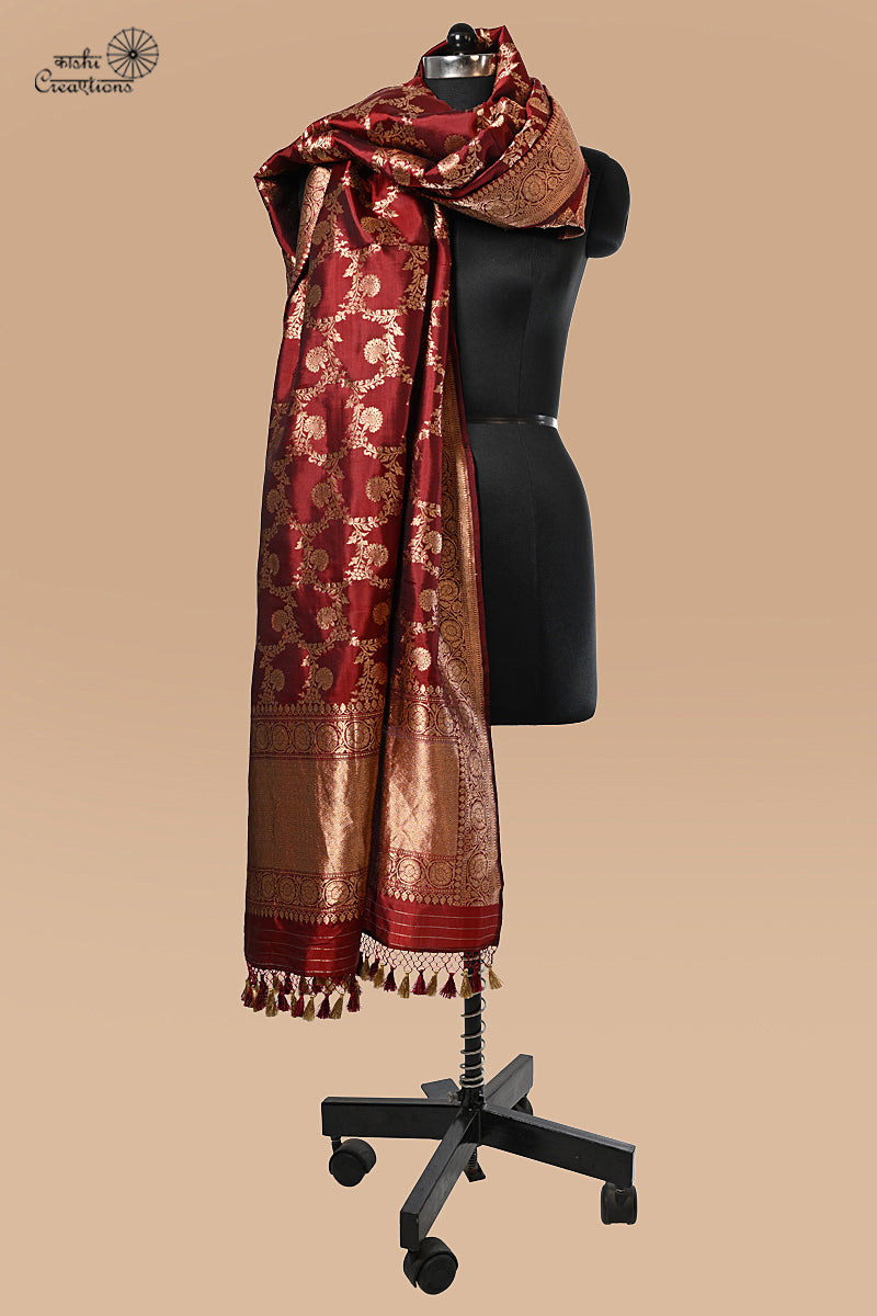 Maroon Pure Katan Silk Jaal Handwoven Banarasi Dupatta