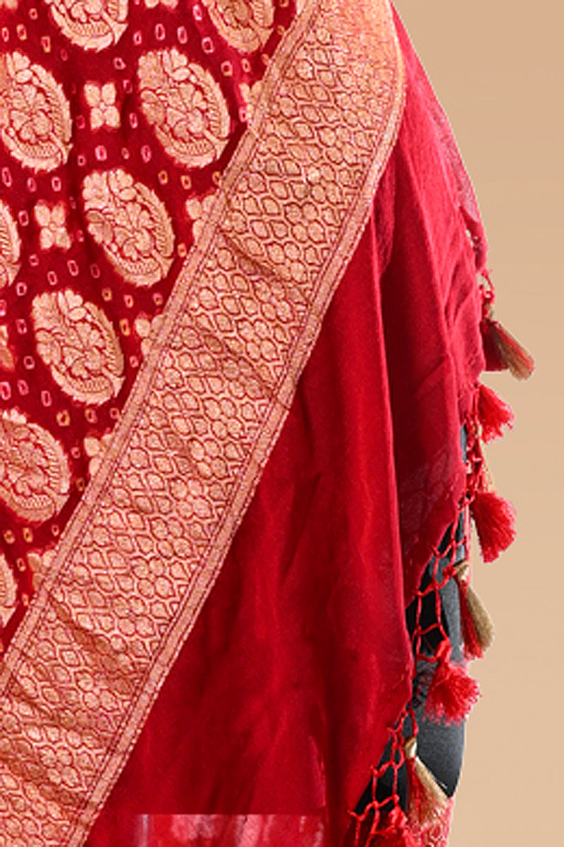 Red Pure Khaddi Georgette Banarasi Bandhej Handwoven Saree