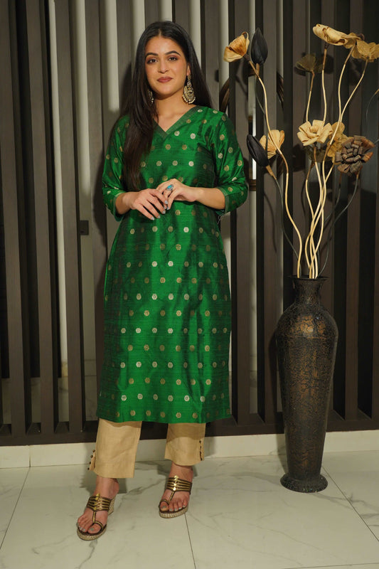 Green Pure Tussar Silk Handwoven Banarasi Kurta with Golden And Antique Zari Cutwork Boota Banarasi Kurta