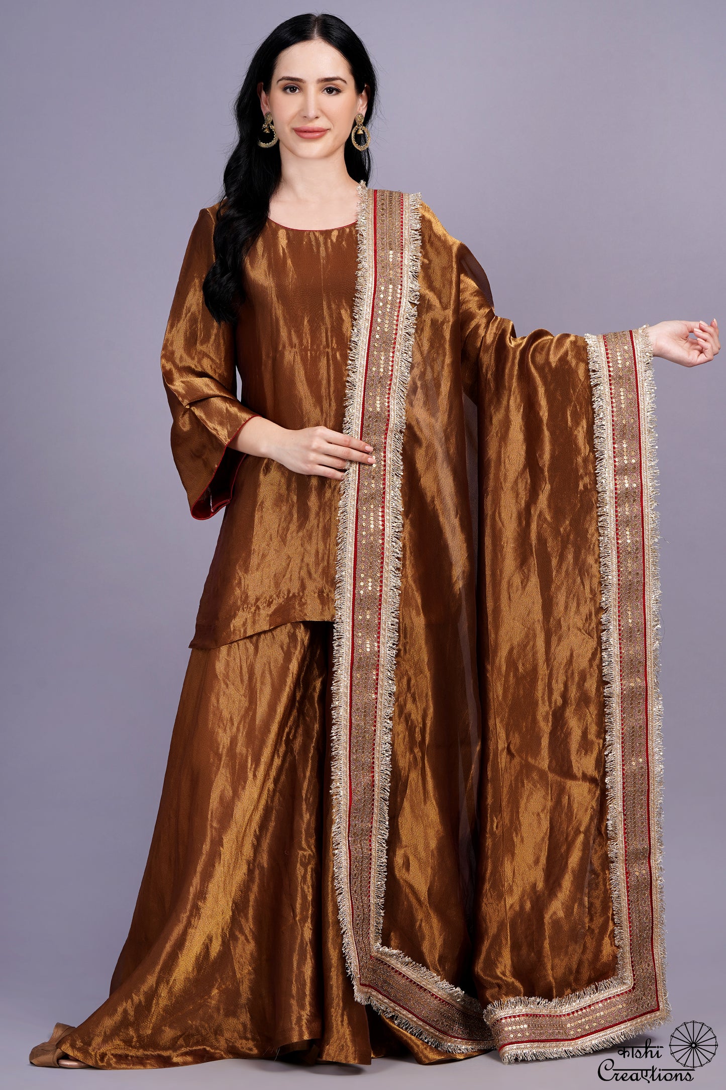 Golden Brown Pure Tissue Silk Handloom Sharara Set