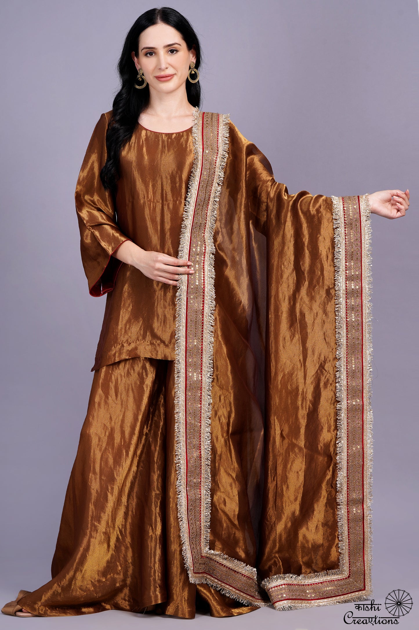 Golden Brown Pure Tissue Silk Handloom Sharara Set
