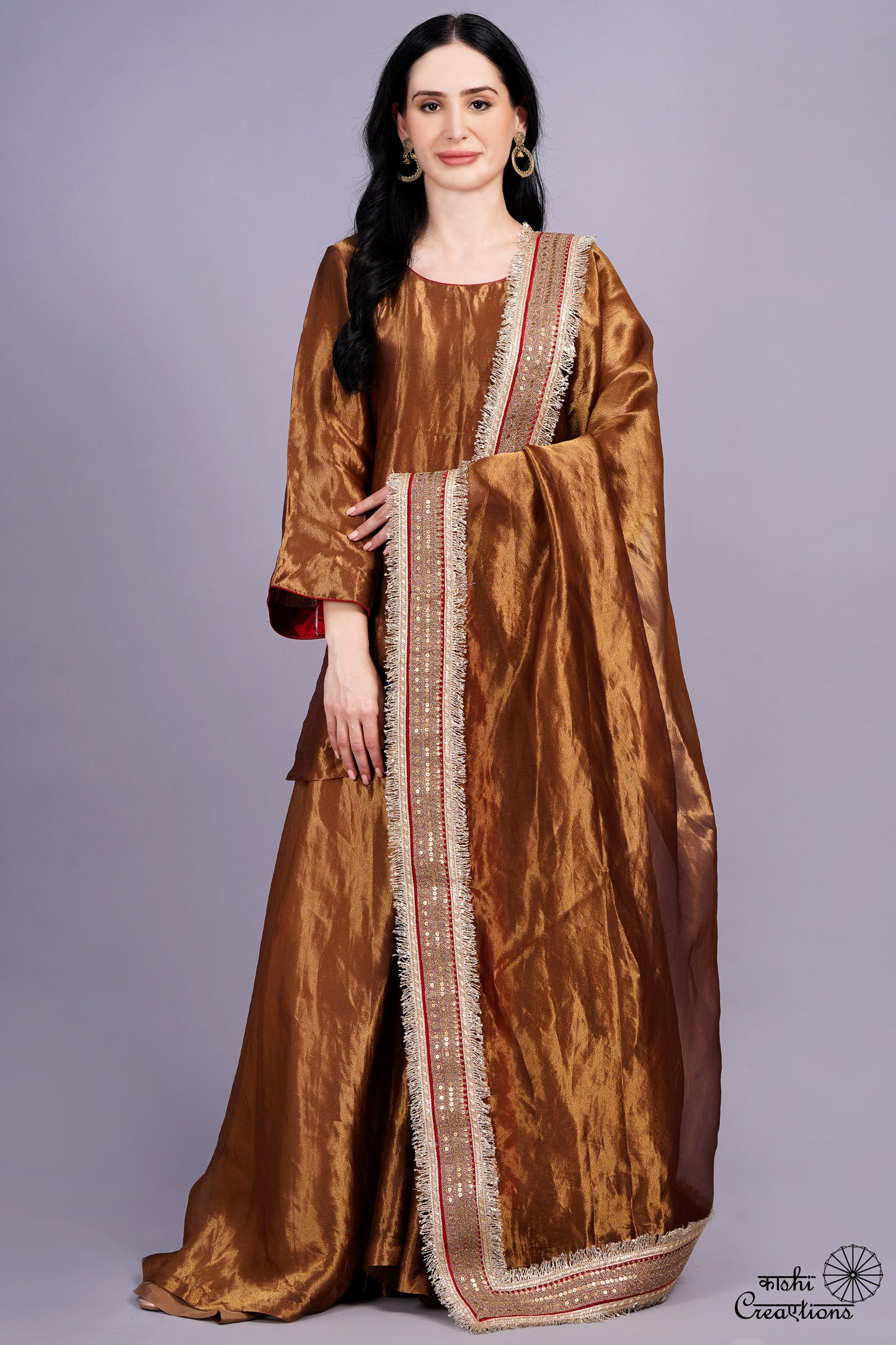 Golden Brown Pure Tissue Silk Handloom Sharara Set