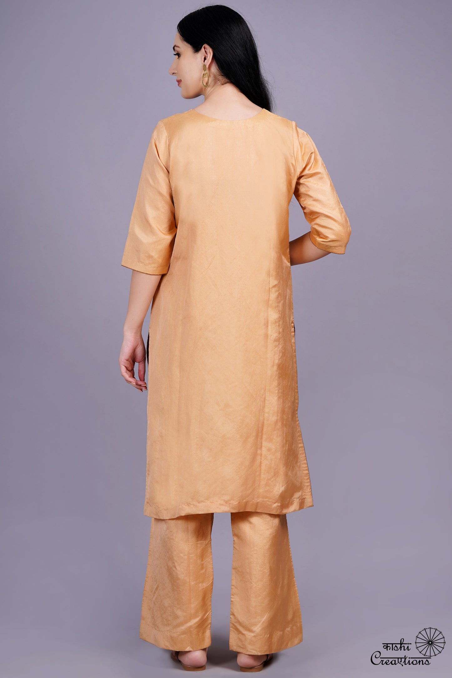 Cream and Brown Pure Tissue Silk Handwoven Suit Set