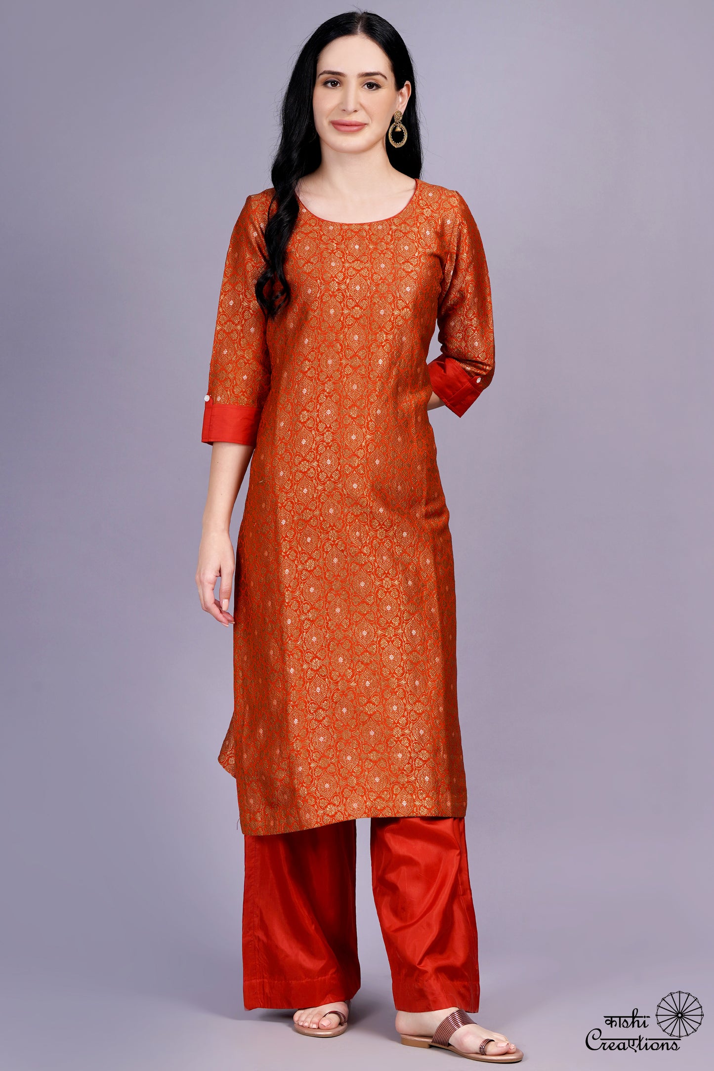 Burnt Orange Pure Katan Silk Brocade Handwoven Stitched Suit Set