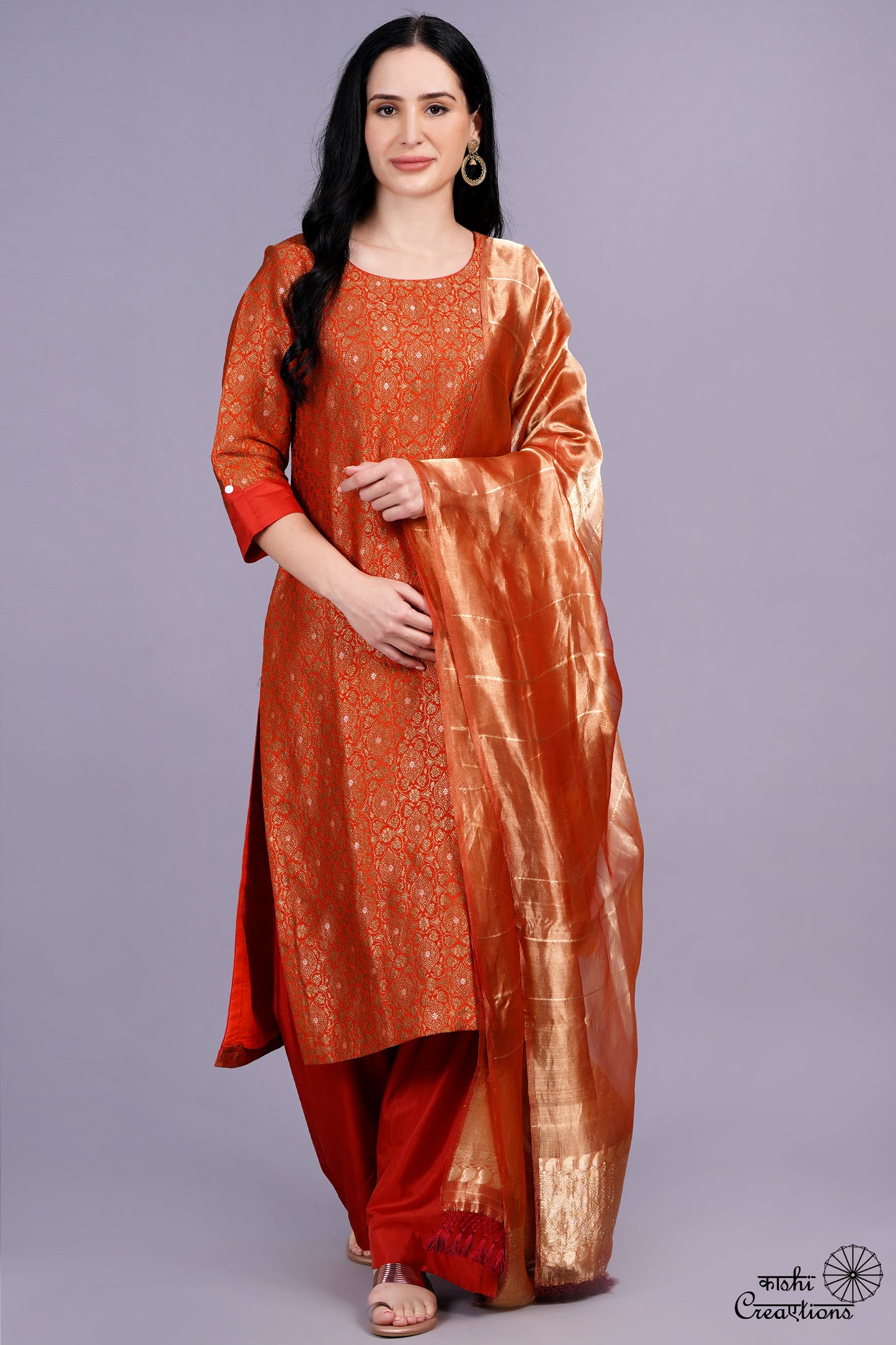 Burnt Orange Pure Katan Silk Brocade Handwoven Stitched Suit Set