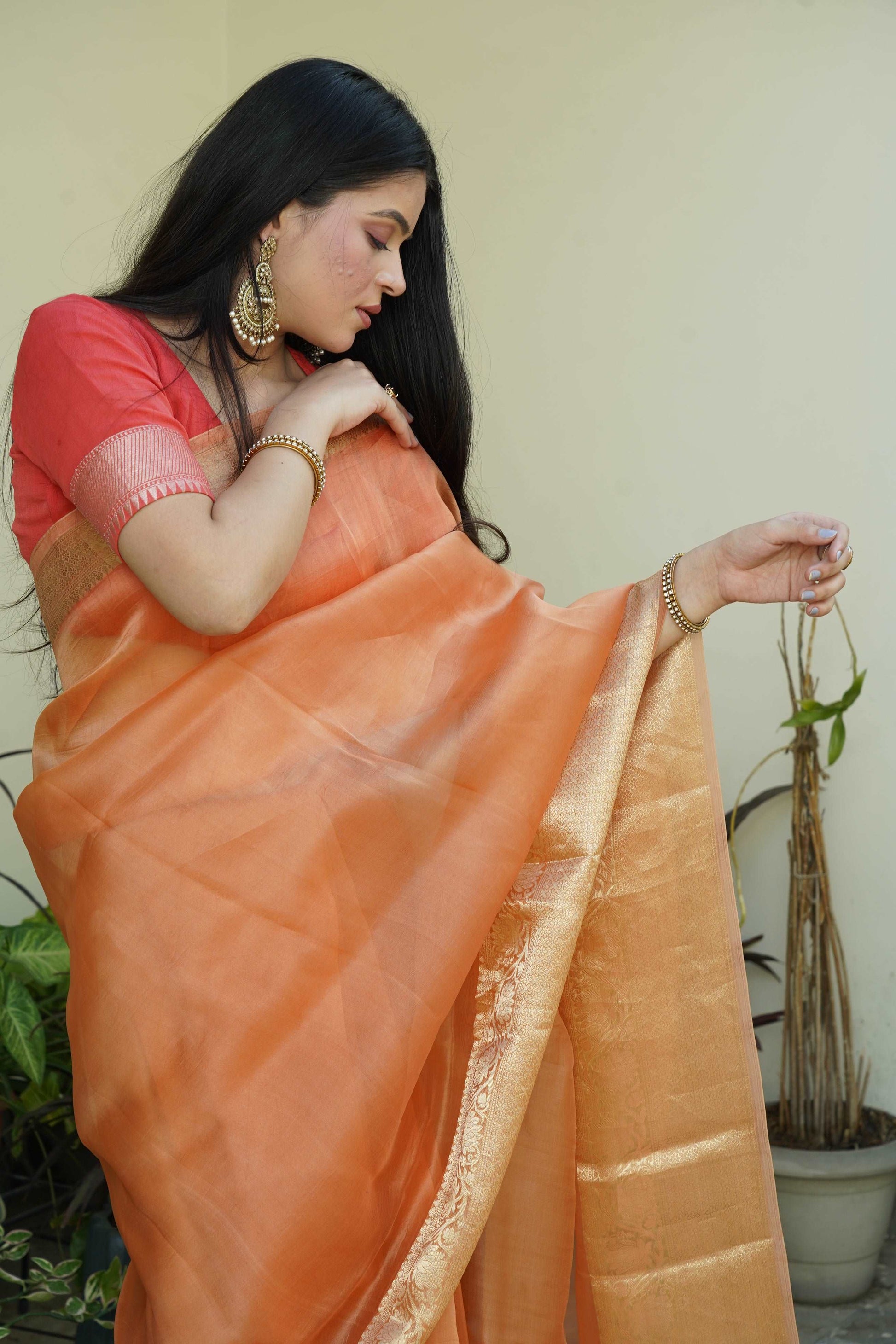 Light Rust Pure Kora Silk Handloom Banarasi Khadwa Border Saree