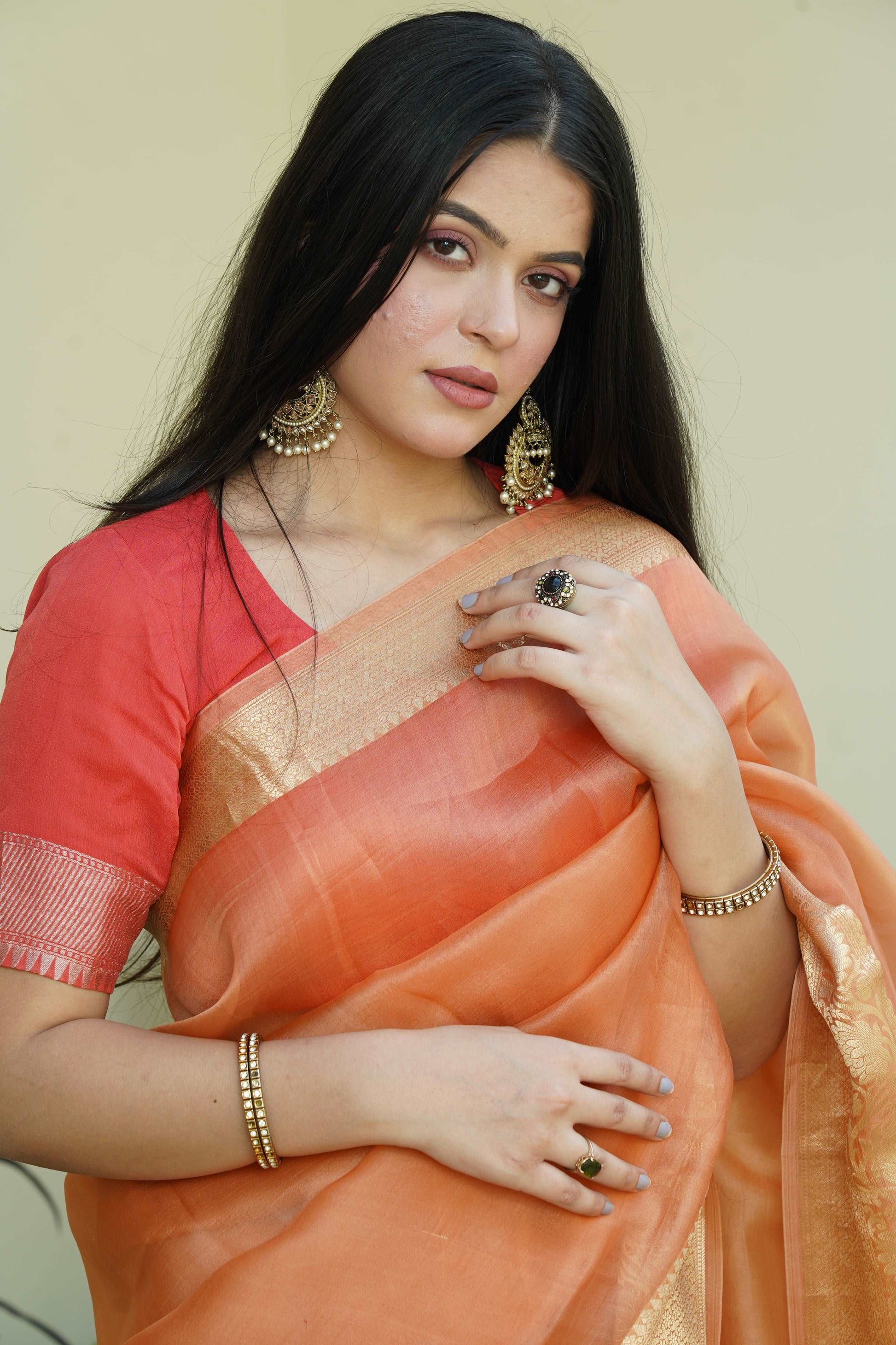 Light Rust Pure Kora Silk Handloom Banarasi Khadwa Border Saree
