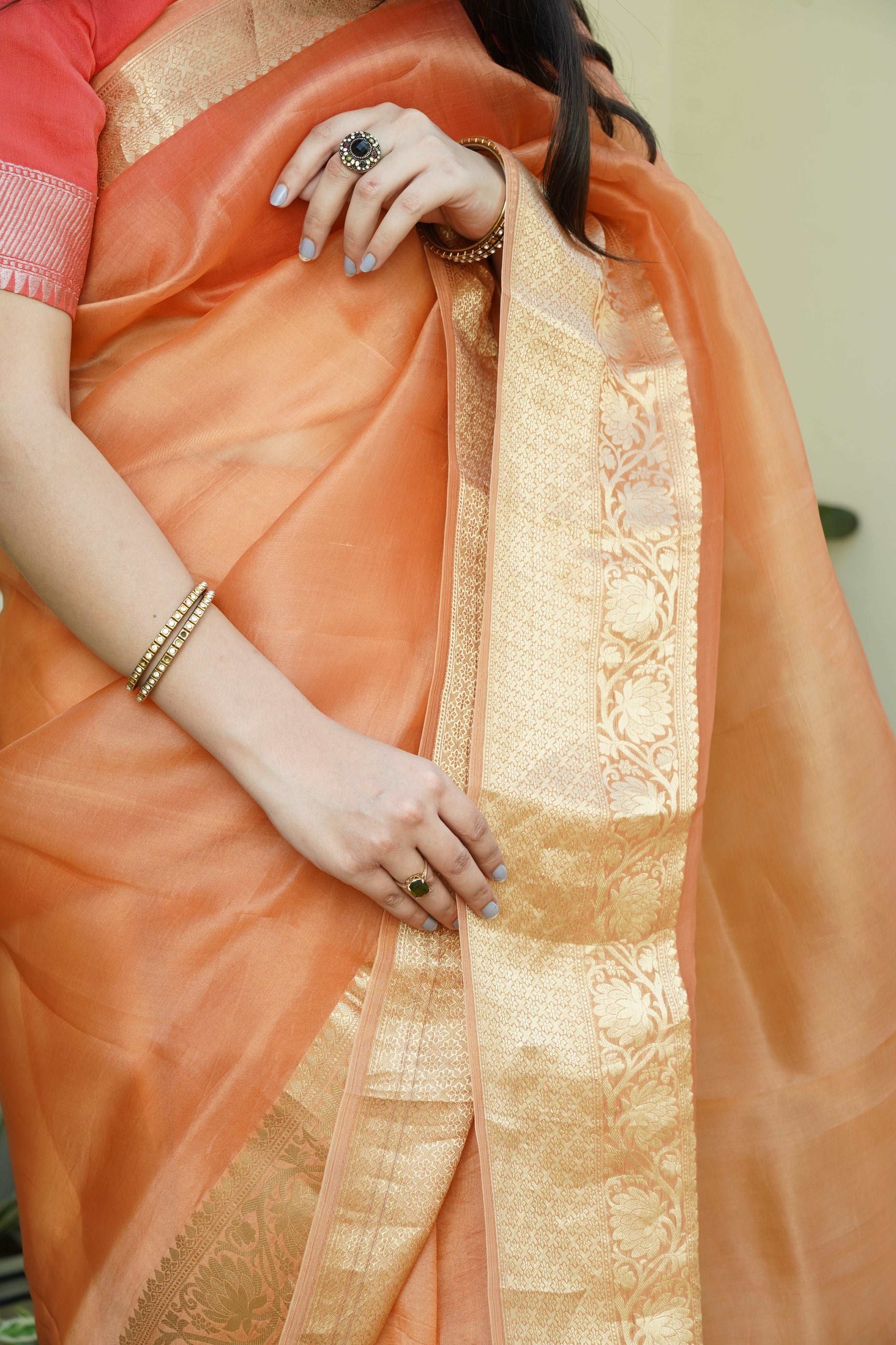 Light Rust Pure Kora Silk Handloom Banarasi Khadwa Border Saree
