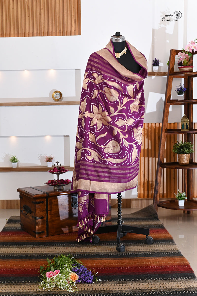Purple Pure Munga Silk Handloom Banarasi Dupatta