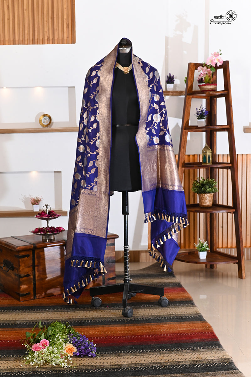 Royal Blue Pure Katan Silk Jaal Handwoven Banarasi Dupatta