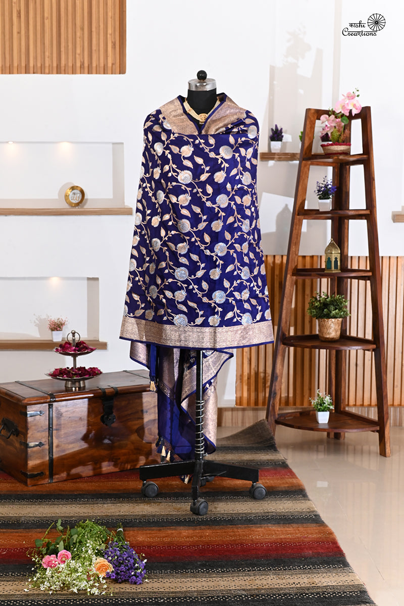 Royal Blue Pure Katan Silk Jaal Handwoven Banarasi Dupatta