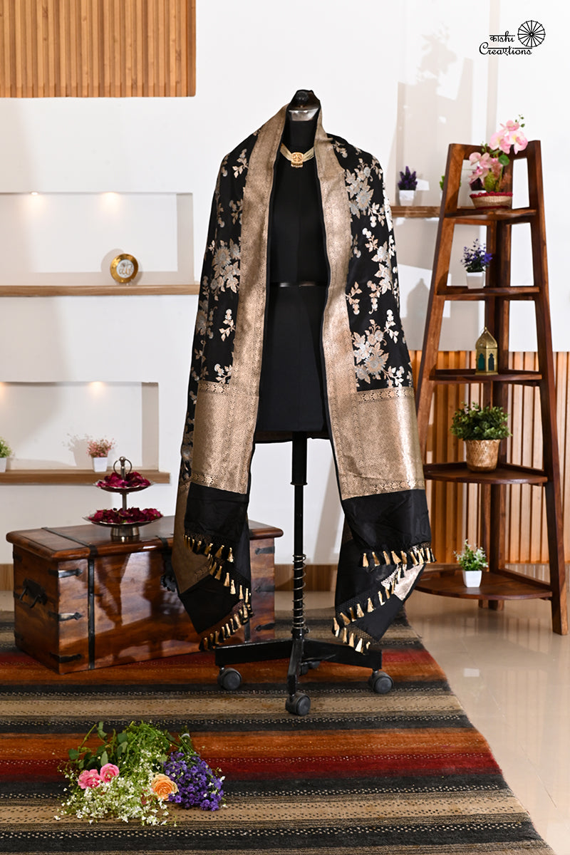 Black Pure Katan Silk Jaal Handwoven Banarasi Dupatta