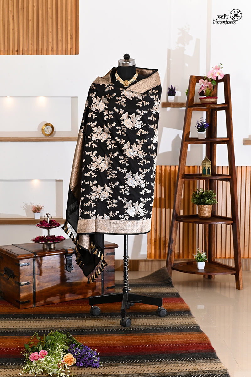 Black Pure Katan Silk Jaal Handwoven Banarasi Dupatta