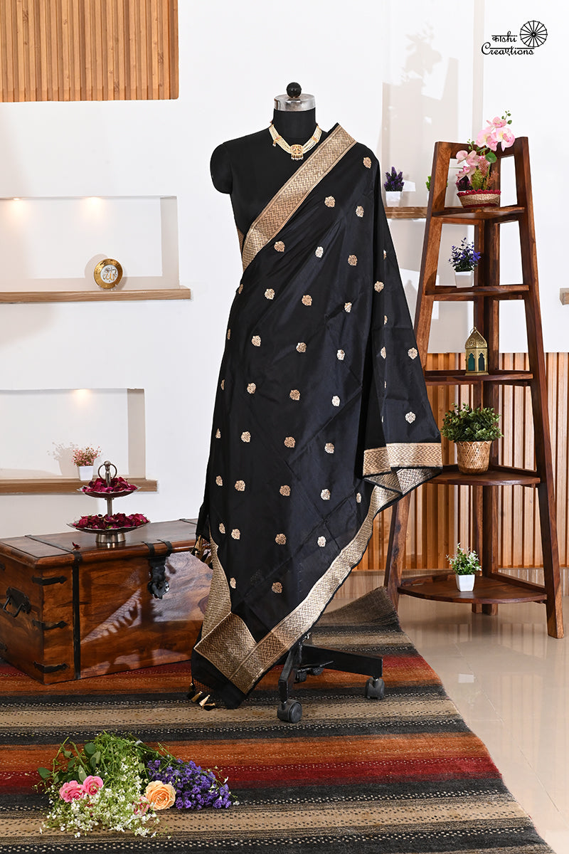 Black Pure Katan Silk Handloom Banarasi Dupatta