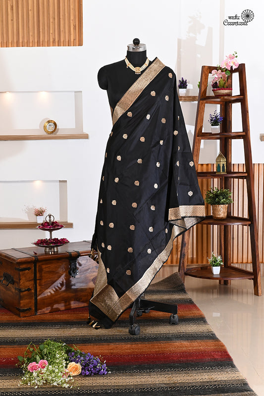 Black Pure Katan Silk Handloom Banarasi Dupatta