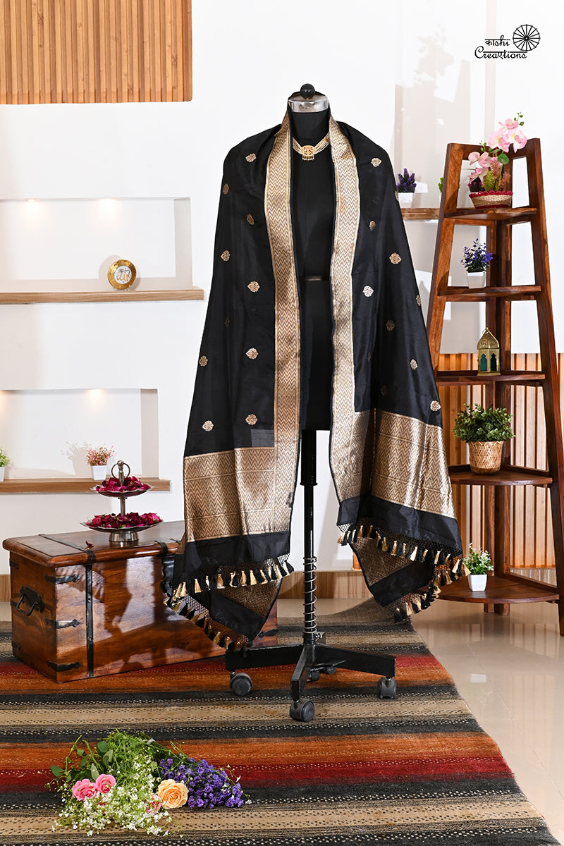 Black Pure Katan Silk Handloom Banarasi Dupatta