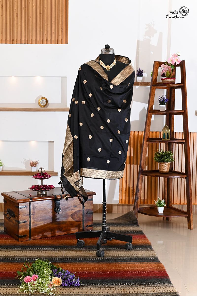 Black Pure Katan Silk Handloom Banarasi Dupatta