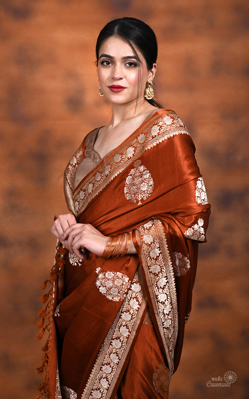Brick Brown Pure Mashru Silk Handwoven Banarasi Saree