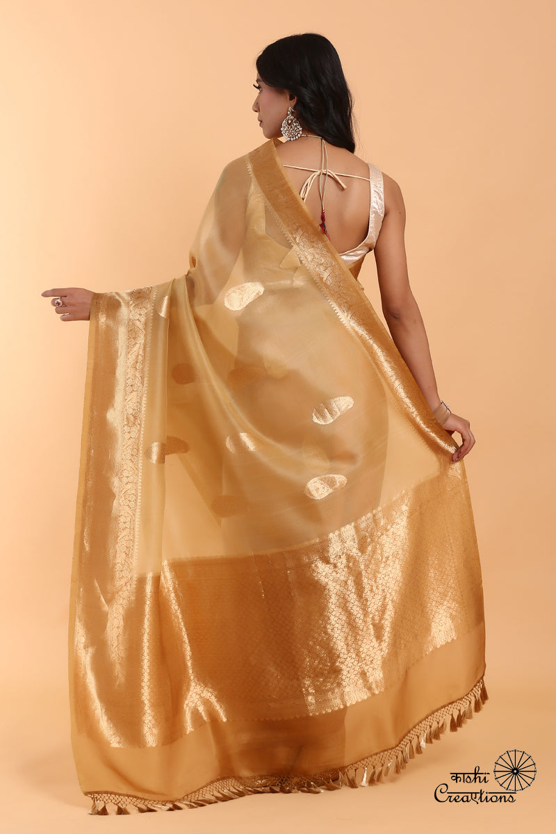 Beige Brown Pure Kora Silk Handwoven Banaras Saree