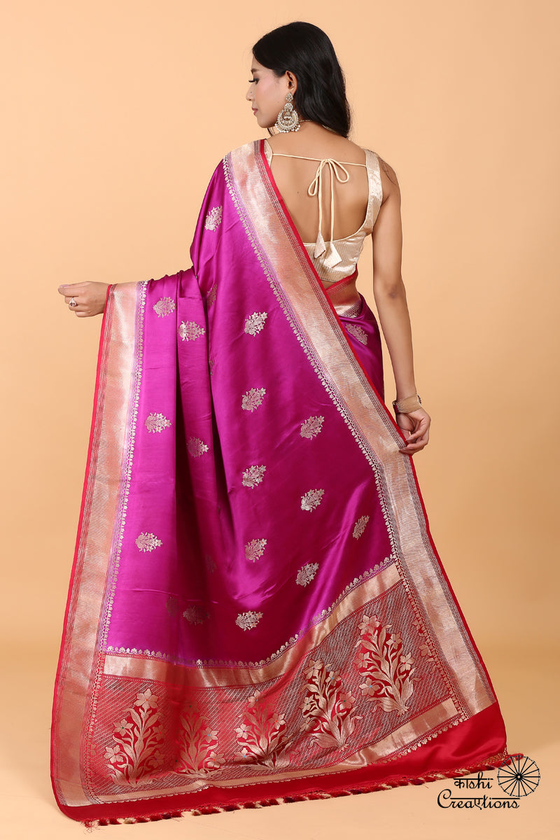 Magenta and Red Pure Mashru Silk Handwoven Banarasi Saree