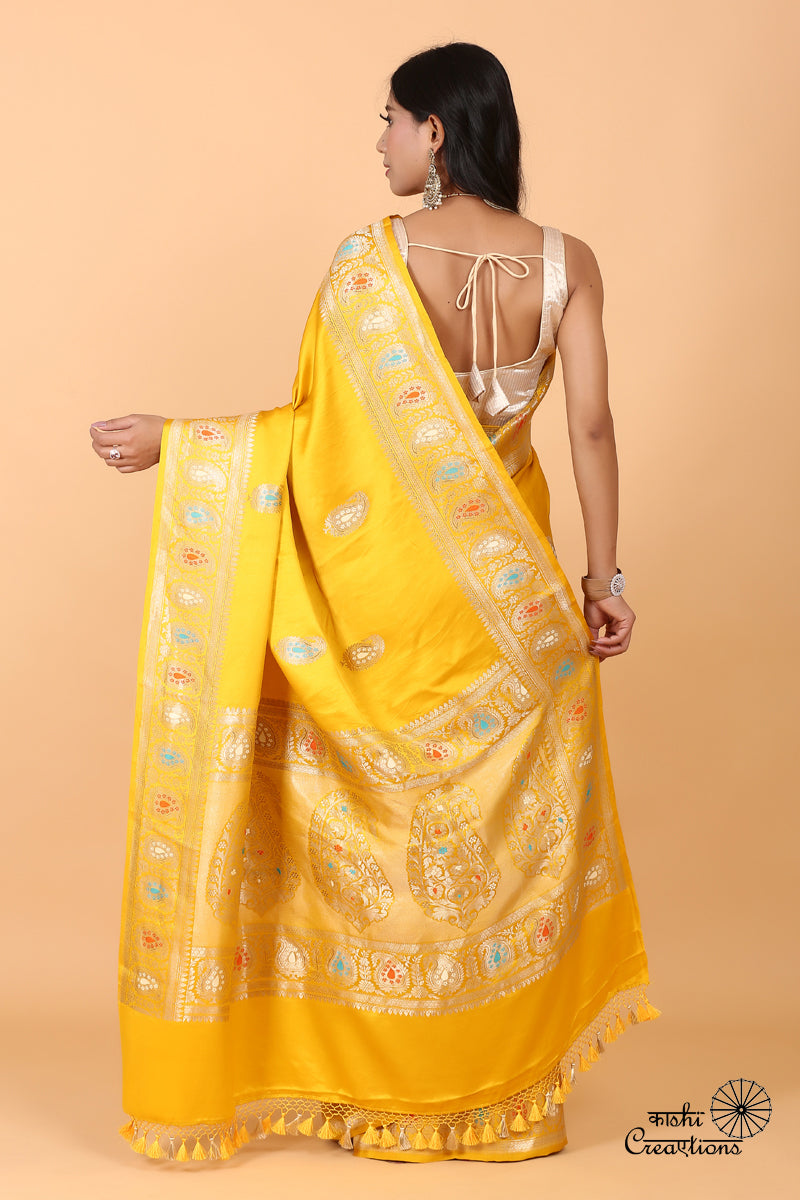 Mustard Yelllow Pure Mashru Silk Handwoven Banarasi Saree