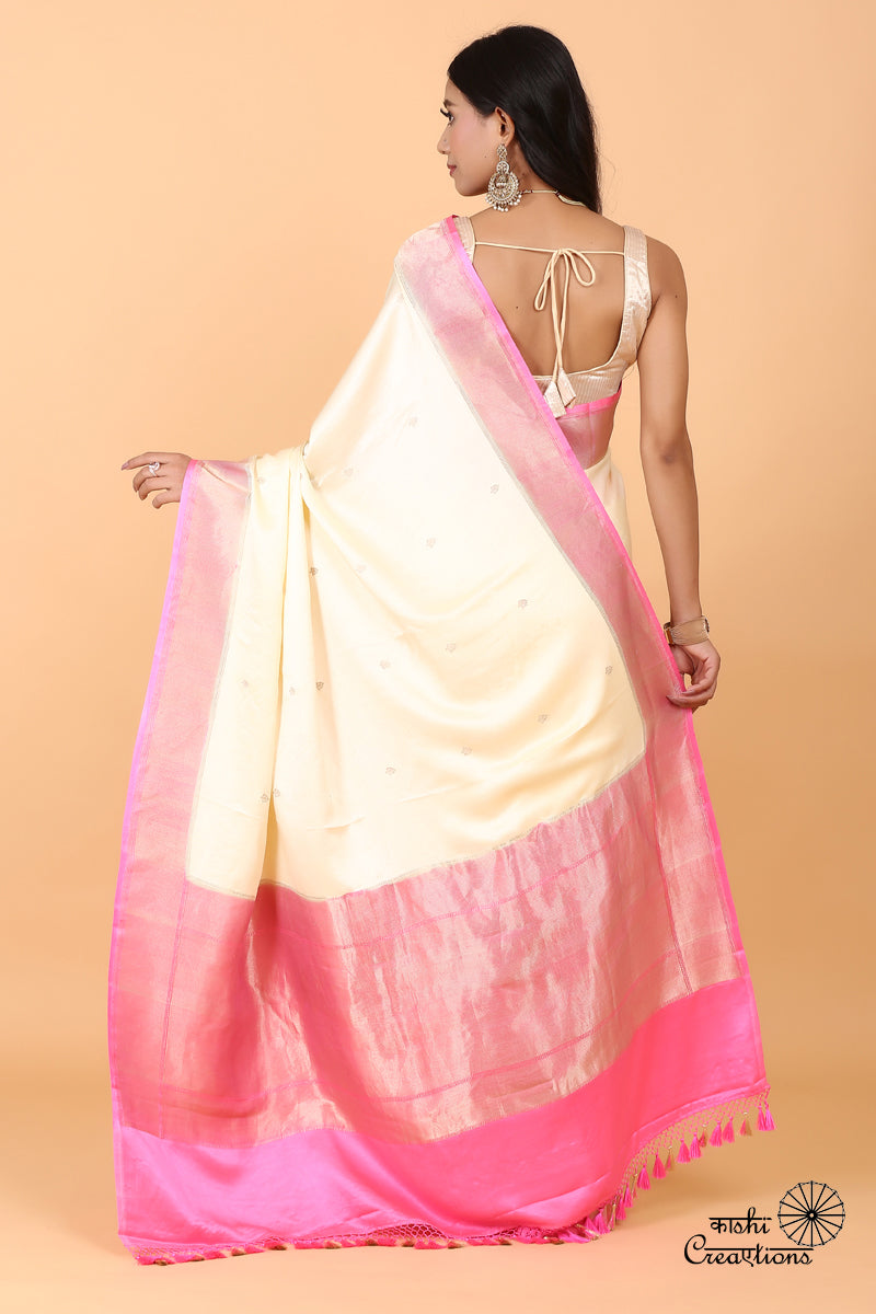 Cream and Pink Pure Mashru Silk Handwoven Banarasi Saree