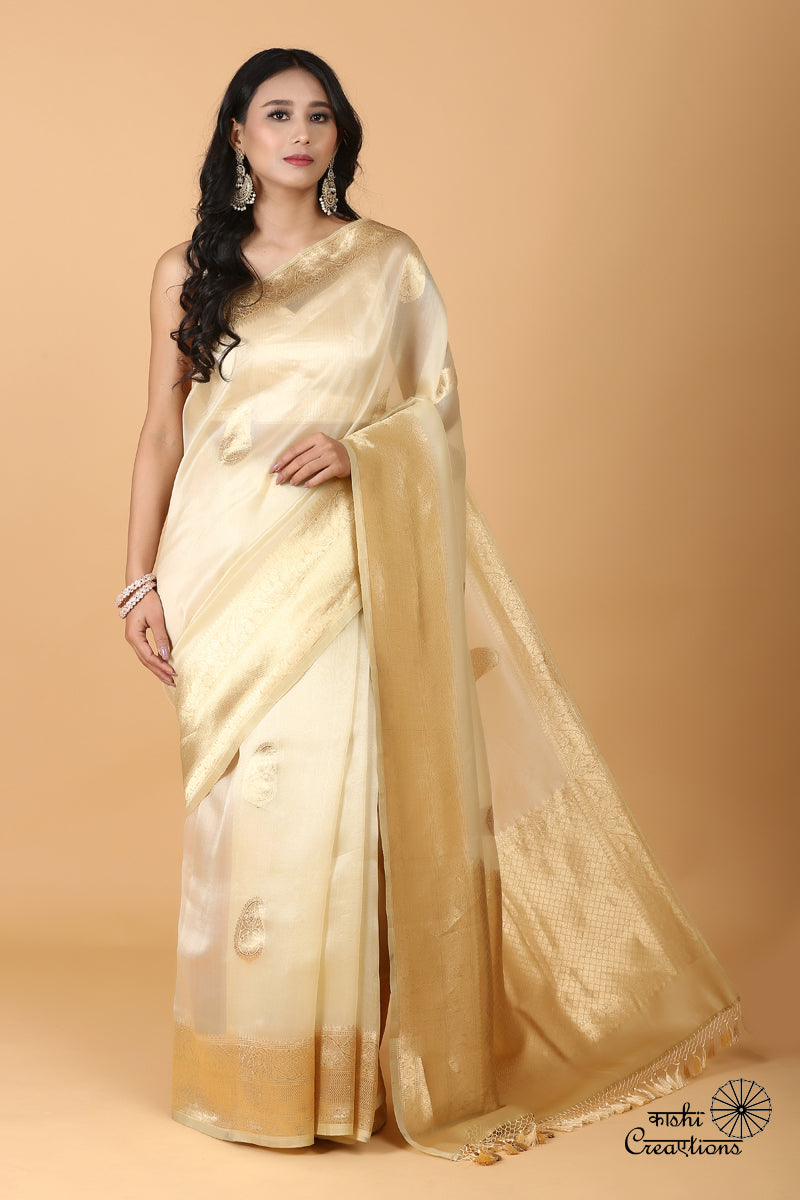 Cream and Golden Pure Kora Silk Handloom Banarasi Saree