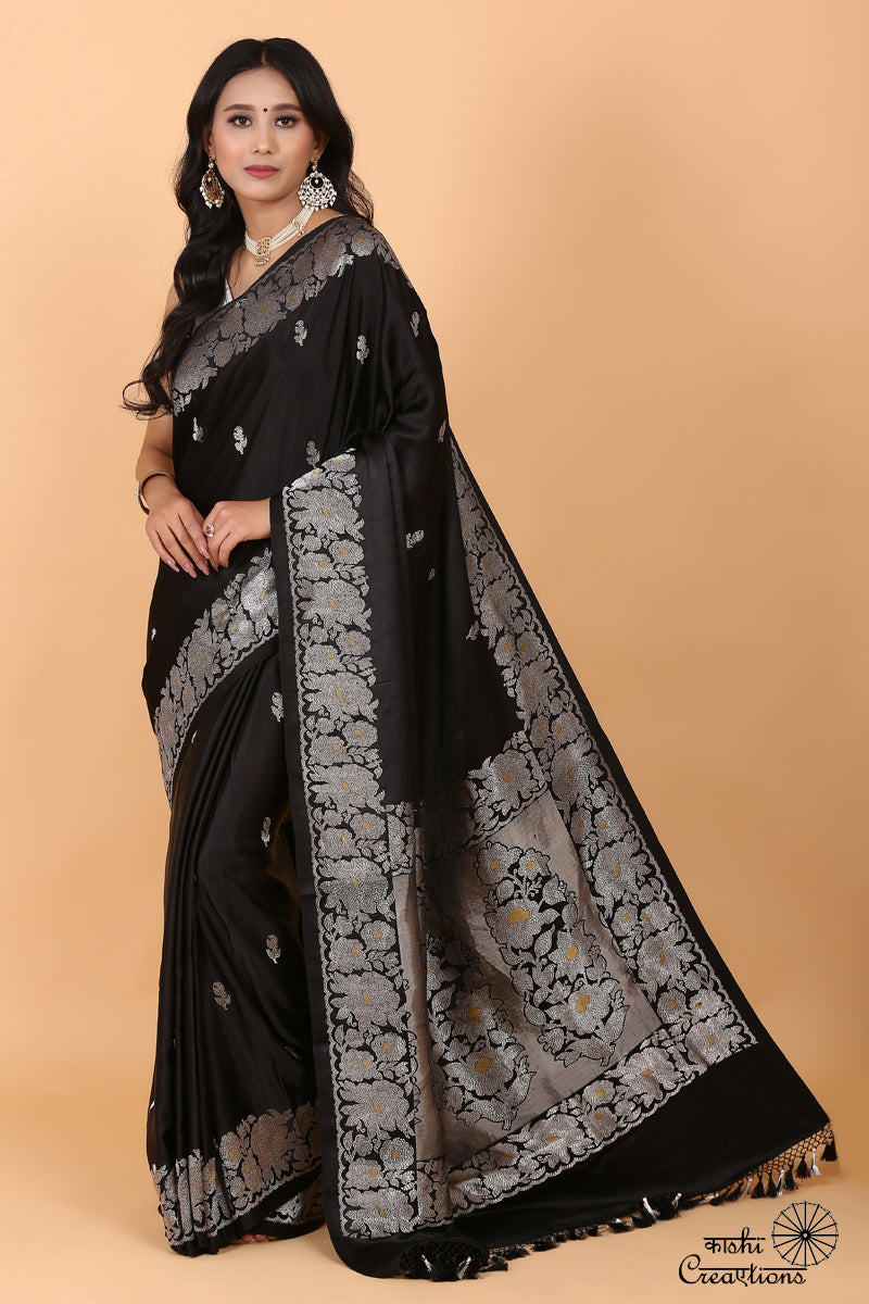 Black Pure Mashru Silk Handwoven Banarasi Saree