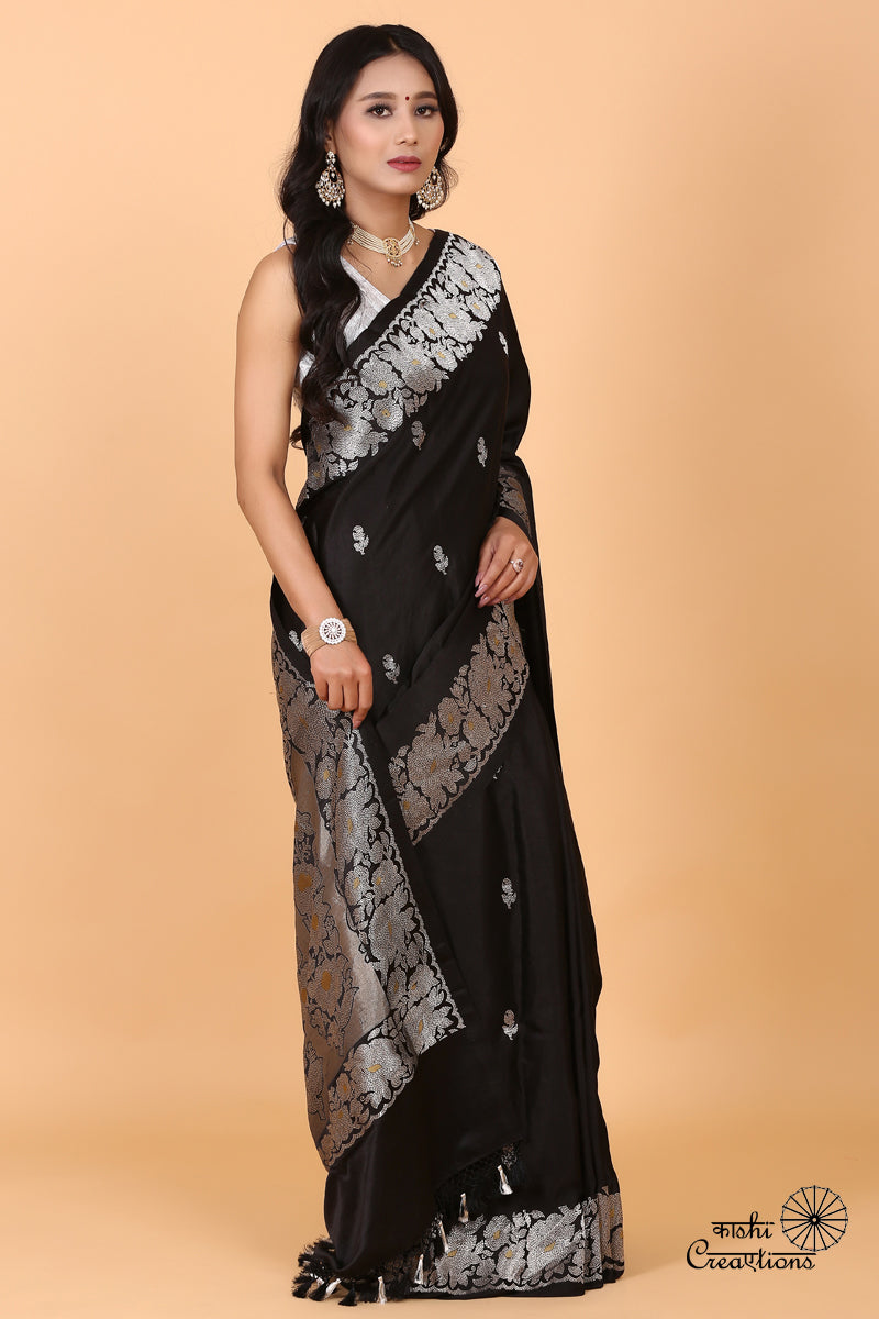 Black Pure Mashru Silk Handwoven Banarasi Saree