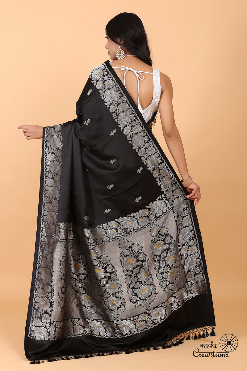 Black Pure Mashru Silk Handwoven Banarasi Saree