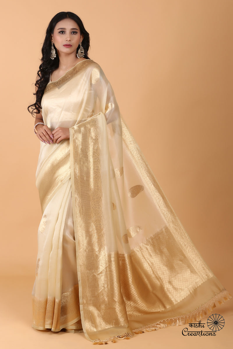 Cream and Golden Pure Kora Silk Handloom Banarasi Saree