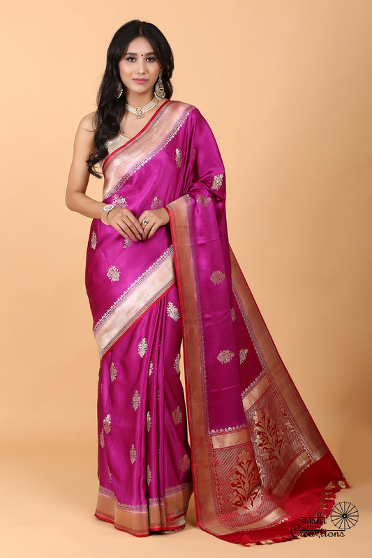 Magenta and Red Pure Mashru Silk Handwoven Banarasi Saree