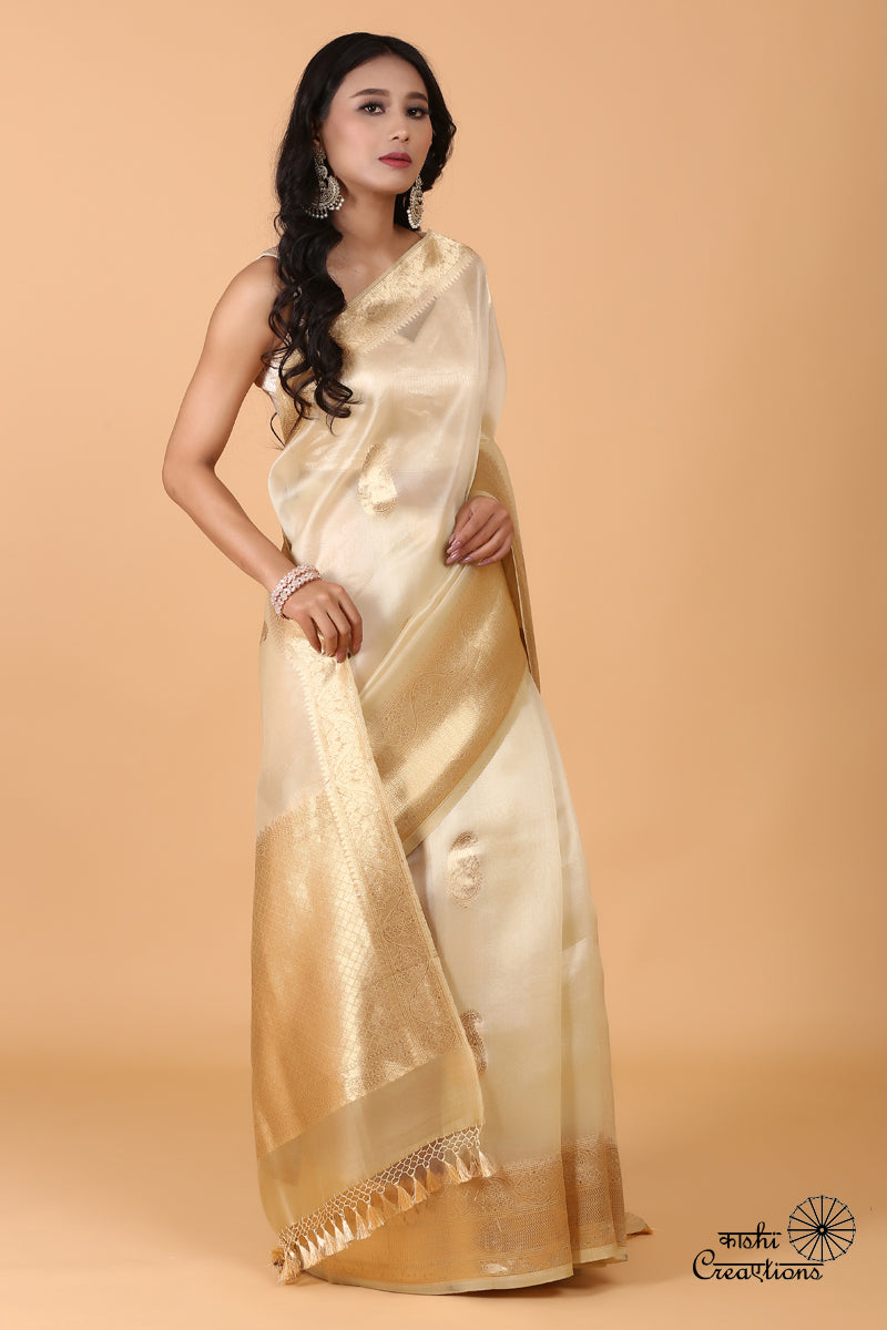 Cream and Golden Pure Kora Silk Handloom Banarasi Saree