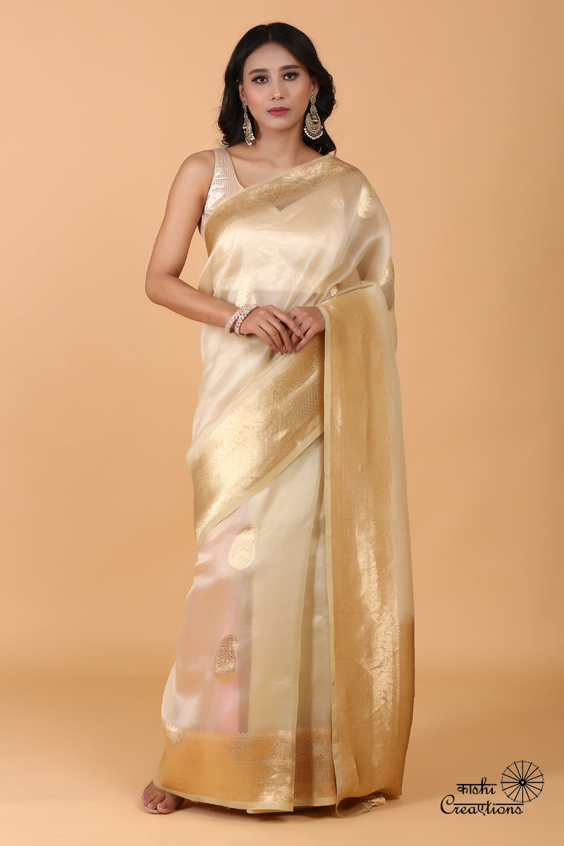 Cream and Golden Pure Kora Silk Handloom Banarasi Saree