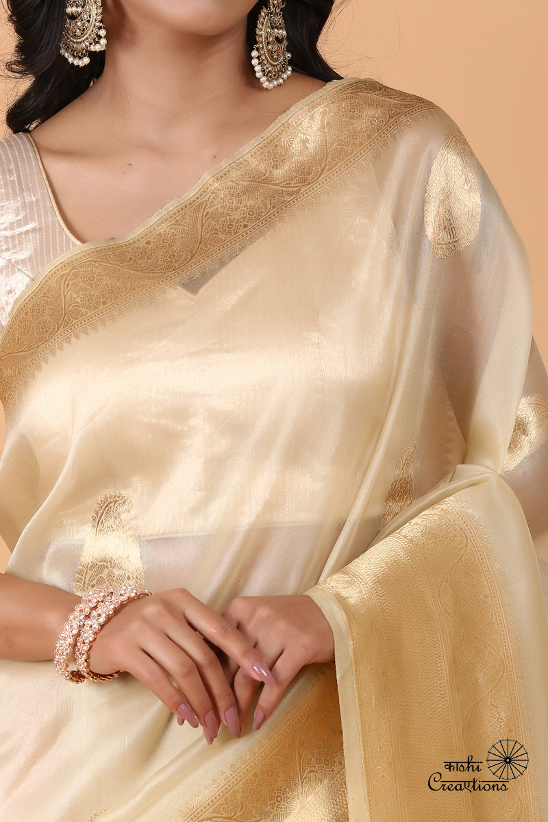 Cream and Golden Pure Kora Silk Handloom Banarasi Saree